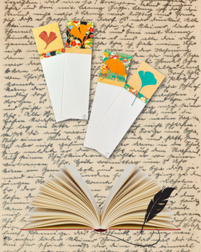 Duo de marque-page artisanaux dont les motifs se répondent, avec de véritables feuilles de Ginkgo biloba peintes à l’acrylique extra-fine.